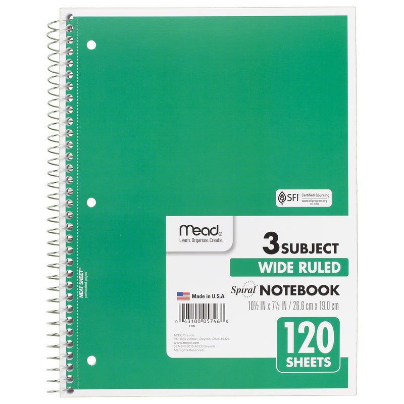 Mead Spiral Notebooks, 3 Subject, Wide Ruled Paper, 120 Sheets, 10-1/2" x 7-1/2", Red, Green, Blue, 3 Pack (73179) - Image 3